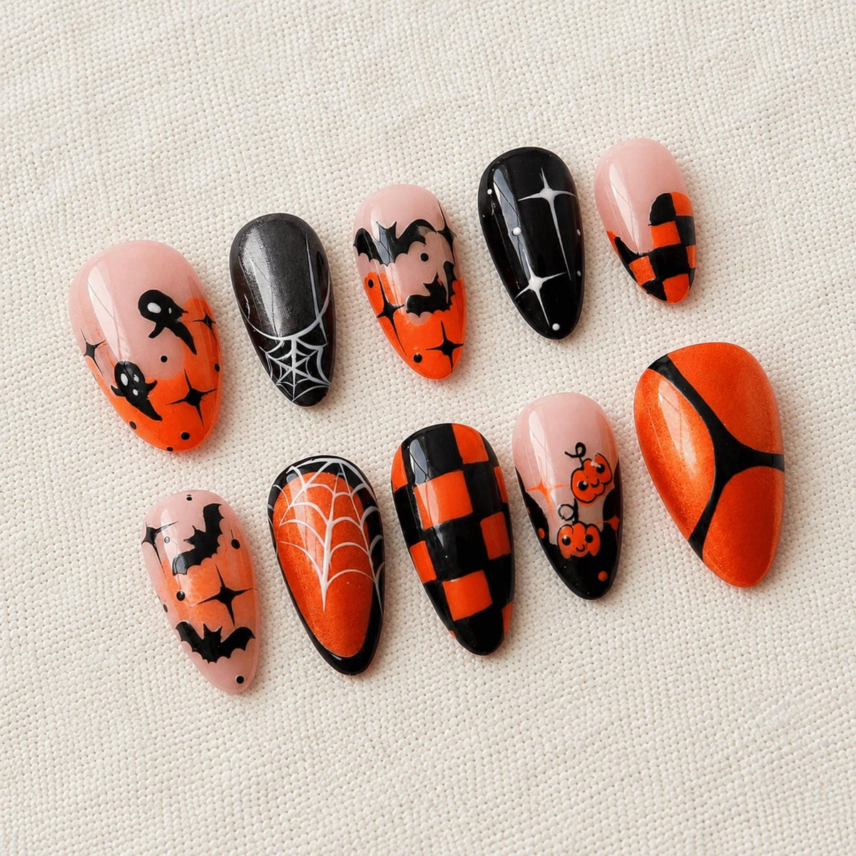 Spooky Halloween Press On Nails, Orange Black Spider Web Bat Nails