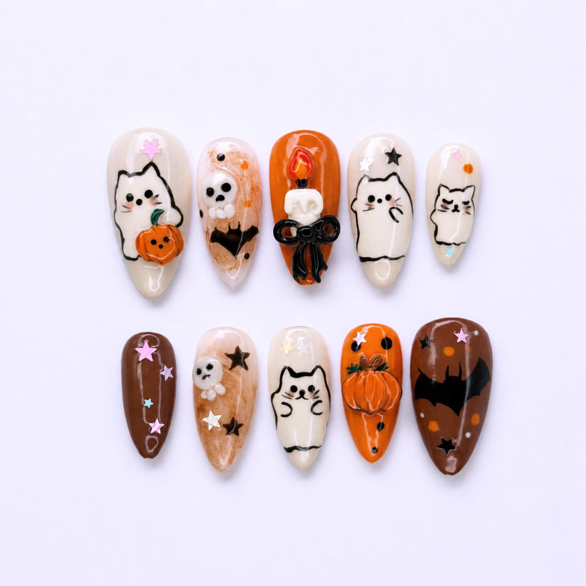 Halloween Press On Nails with Cute Ghost Cat , 3D Pumpkin Nail Art , Handmade Fall Nails for Halloween Party , Press On Nails set | JB472WG