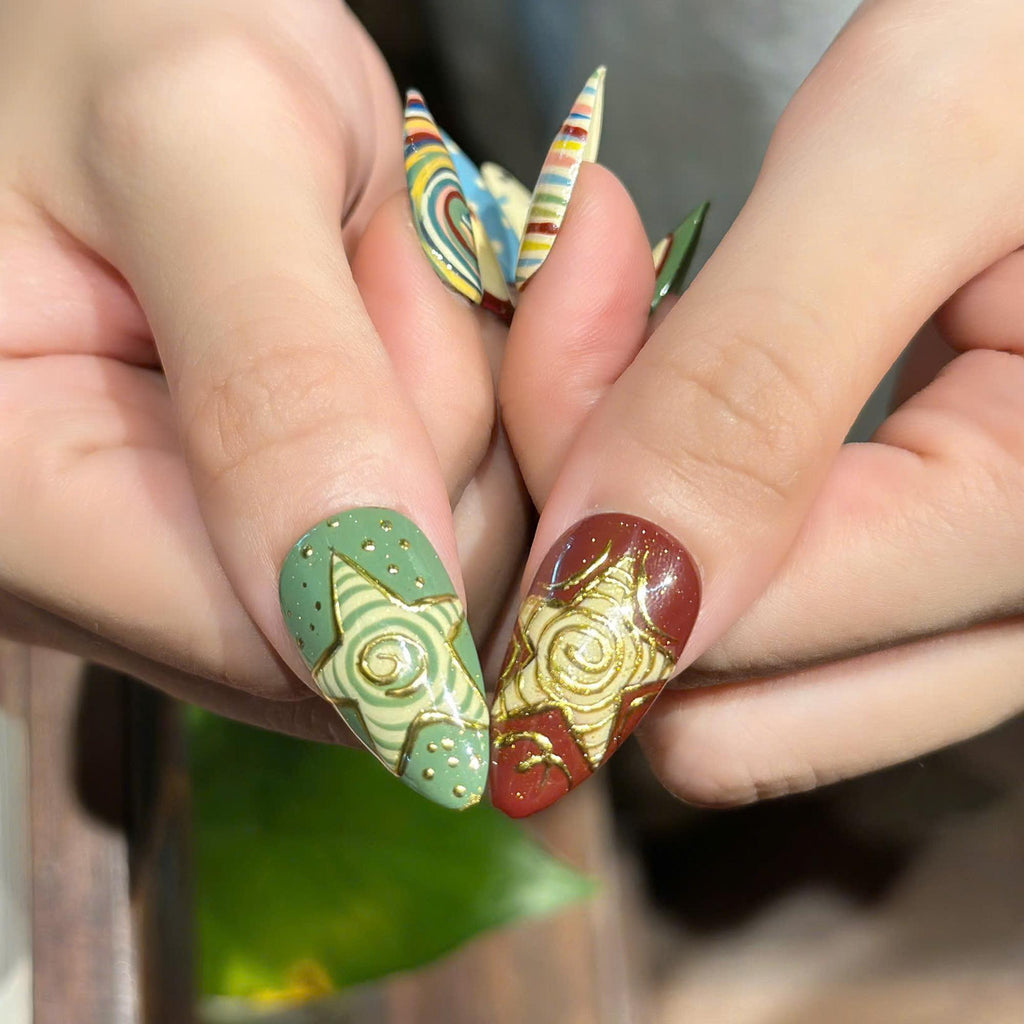 Autumn Press On Nails with Retro Apple & Plaid , Handmade Vintage Fake Nails in Almond Shape , Cute Fall Nail Art for Everyday | JC473UC