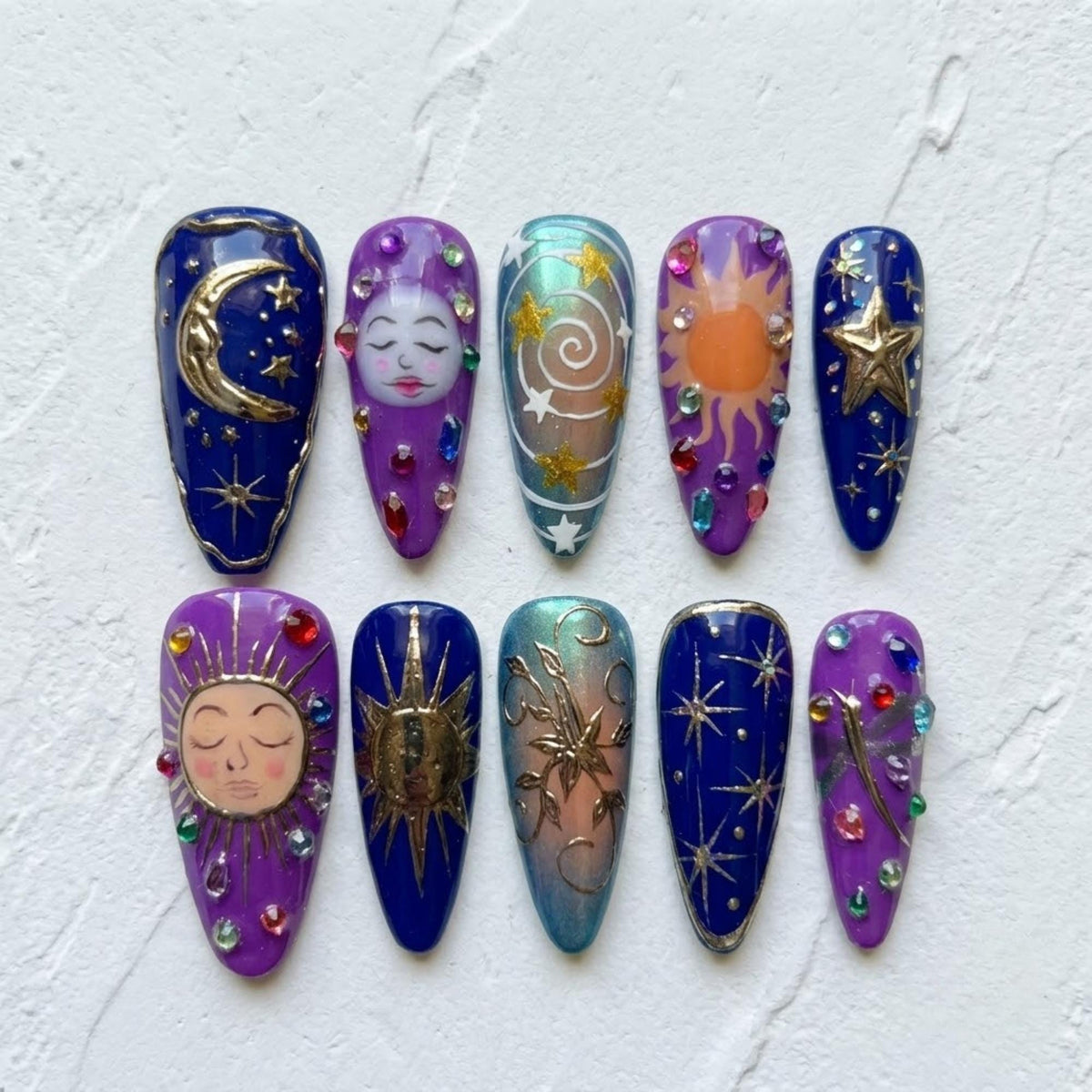 Celestial Sun Moon Press On Nails | Mystical Astrology Idea | Dark Magic Almond Nails | 3D Star Rhinestone Nail | Vintage Face Sculpt Nail