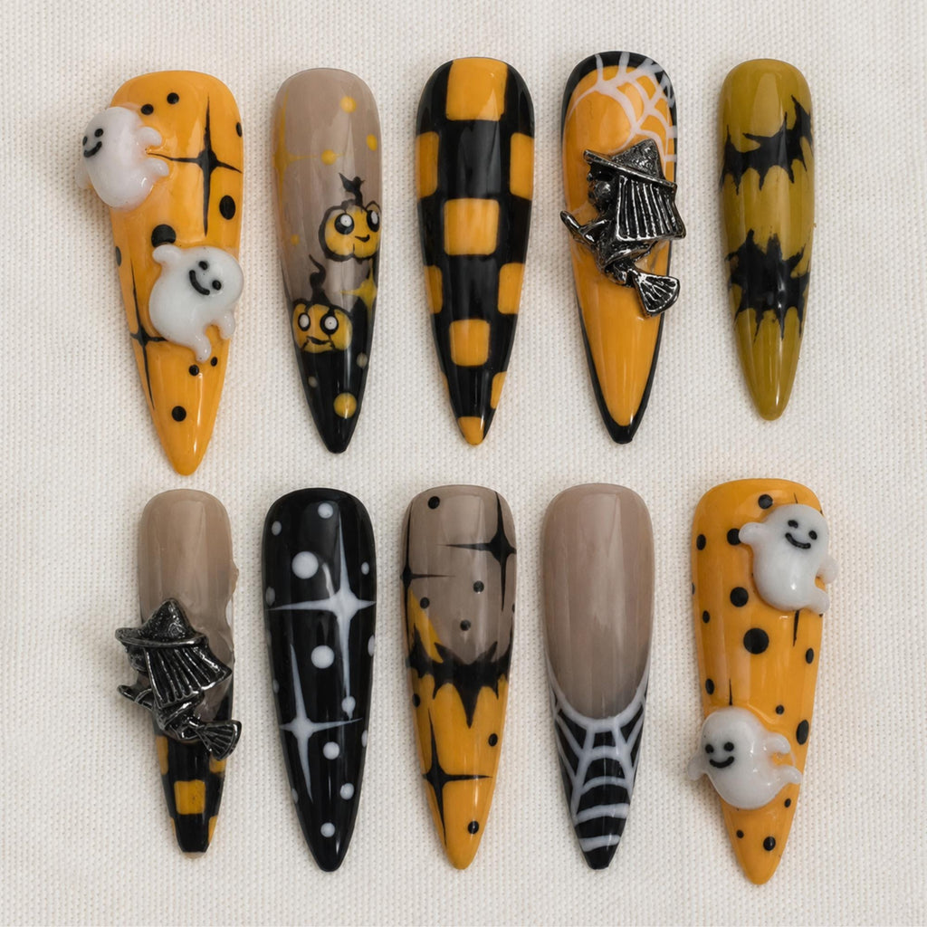 Halloween Ghost Press On Nails, Witch Broom Pumpkin Nail Set, Spooky Checkerboard Nails