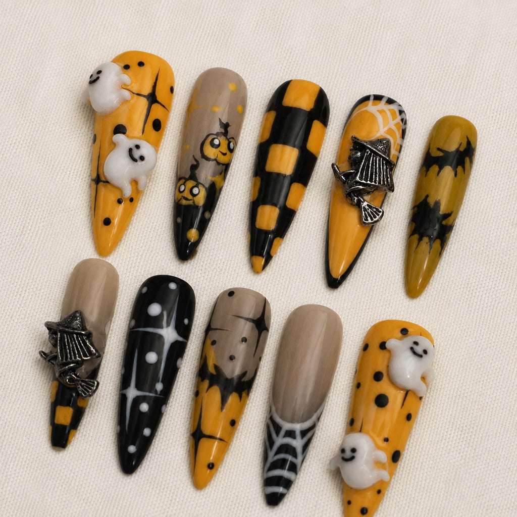 Halloween Ghost Press On Nails, Witch Broom Pumpkin Nail Set, Spooky Checkerboard Nails