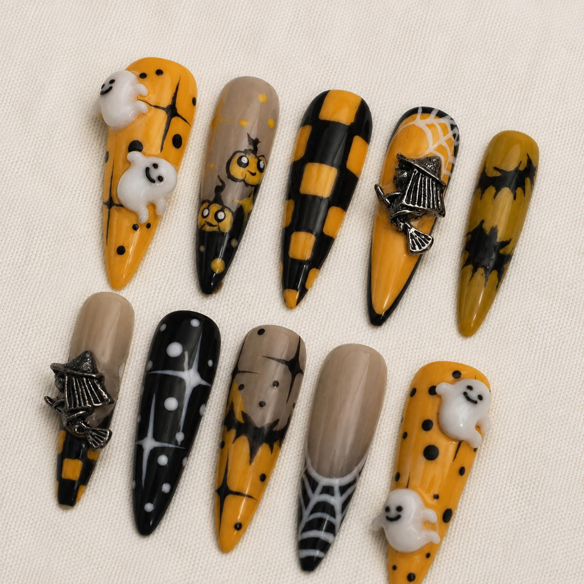 Halloween Ghost Press On Nails, Witch Broom Pumpkin Nail Set, Spooky Checkerboard Nails