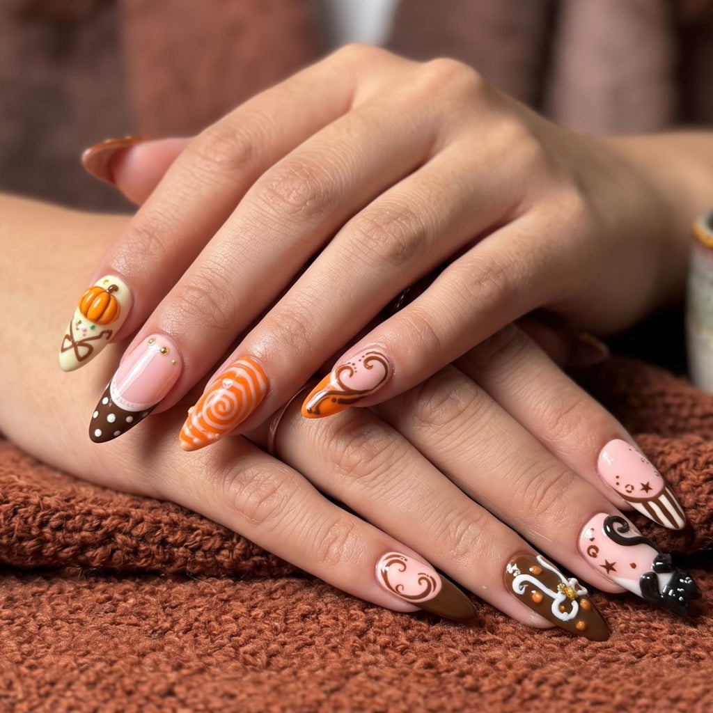 Handmade Autumn Black Cat Press-On Nails | Pumpkin Art, Fall Leaves, Halloween (JB485UI)