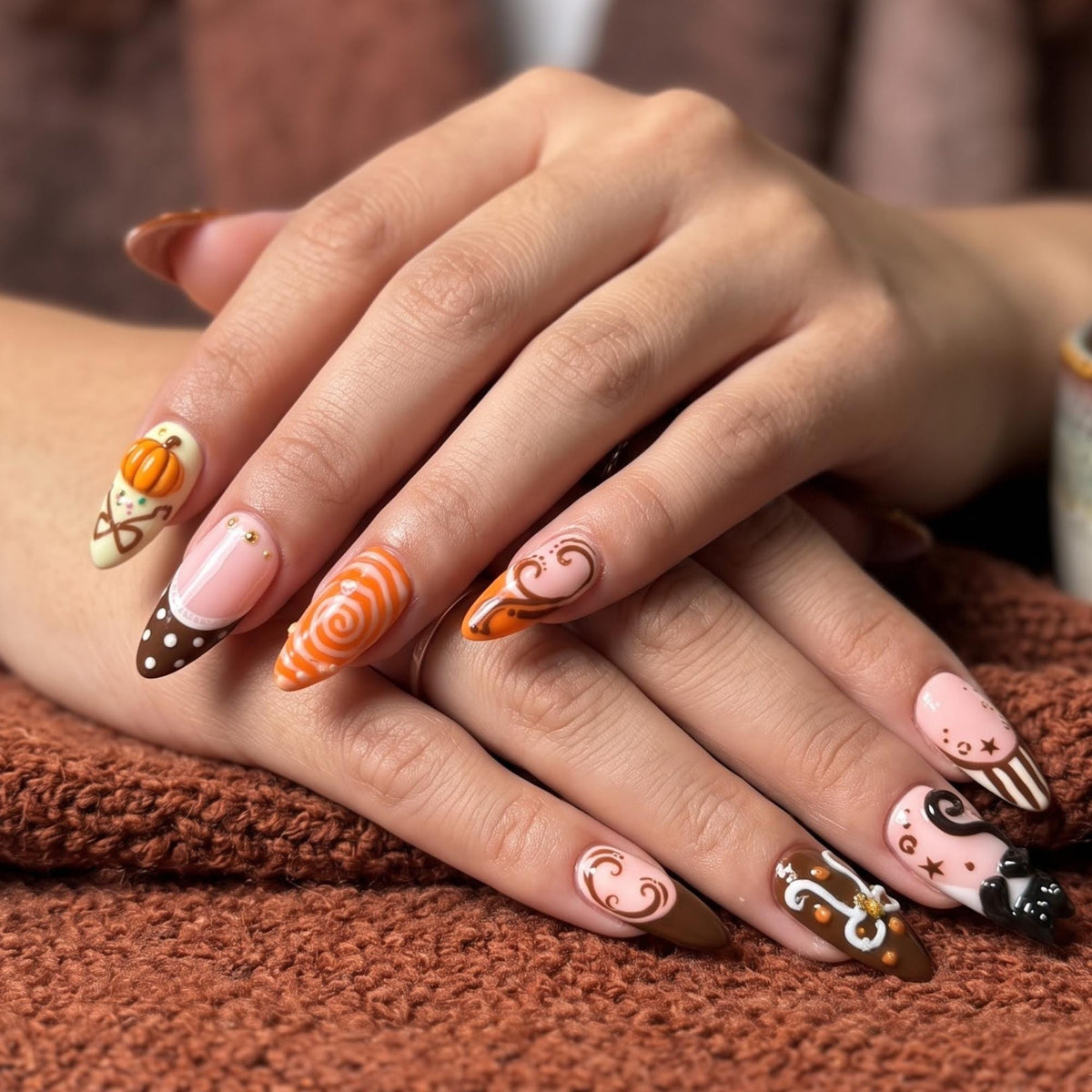 Handmade Autumn Black Cat Press-On Nails | Pumpkin Art, Fall Leaves, Halloween (JB485UI)