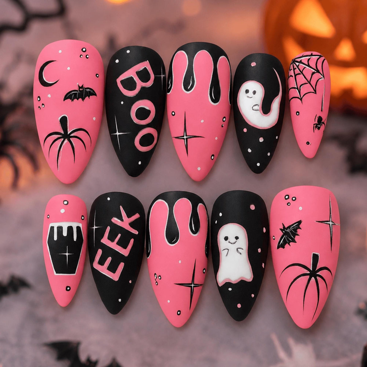 Pink Halloween Press On Nails, Handmade Ghost Bat Spider Nails, Spooky Cosplay Nail Set