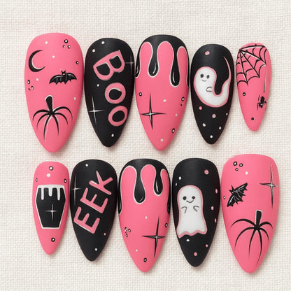 Pink Halloween Press On Nails, Handmade Ghost Bat Spider Nails, Spooky Cosplay Nail Set