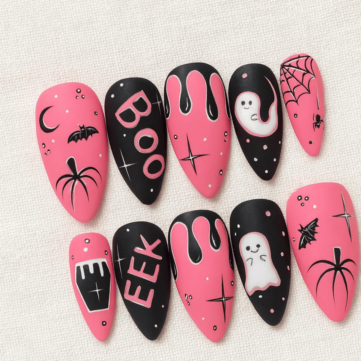 Pink Halloween Press On Nails, Handmade Ghost Bat Spider Nails, Spooky Cosplay Nail Set