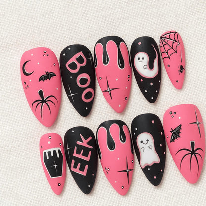 Pink Halloween Press On Nails, Handmade Ghost Bat Spider Nails, Spooky Cosplay Nail Set