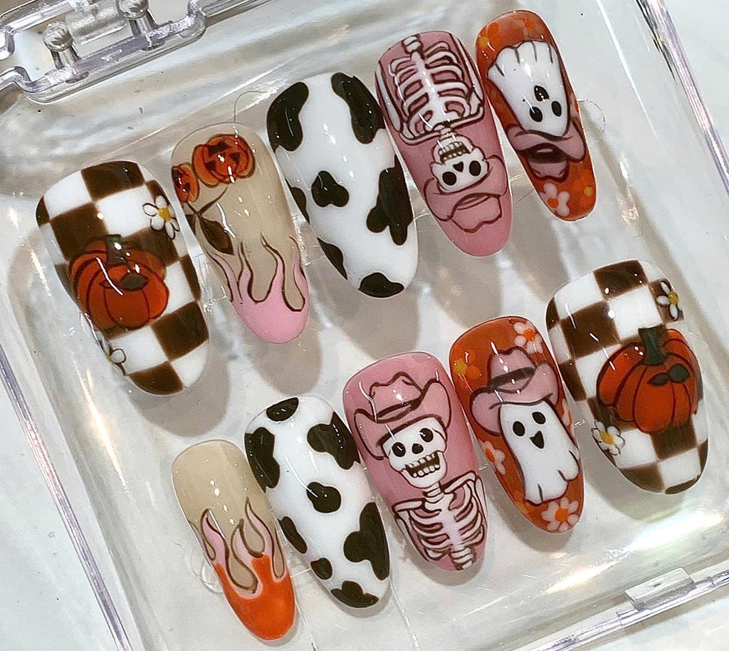 Cowgirl Halloween Press On Nails | Ghost, Pumpkin, Skeleton, Cow Print Designs