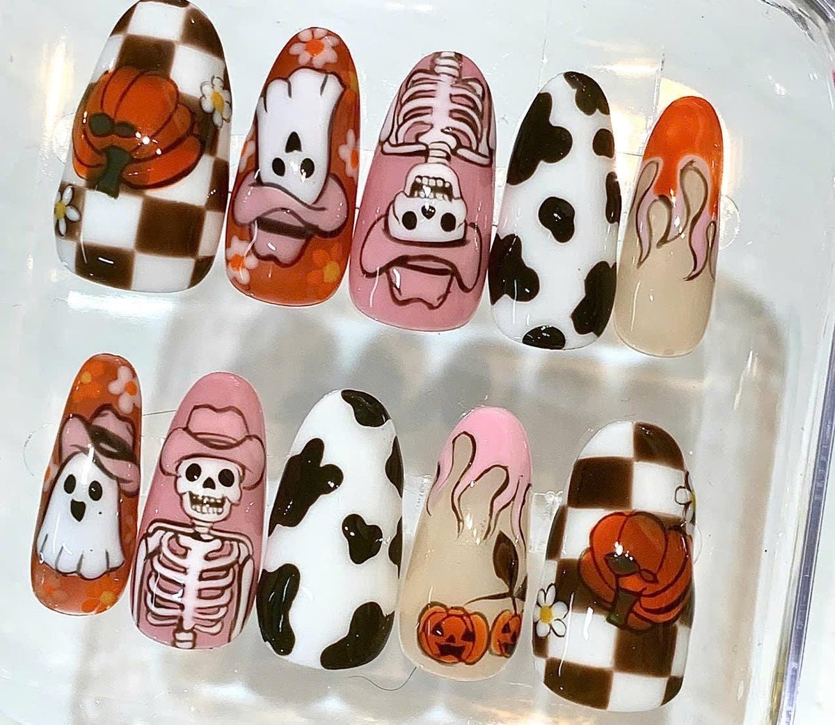Cowgirl Halloween Press On Nails | Ghost, Pumpkin, Skeleton, Cow Print Designs