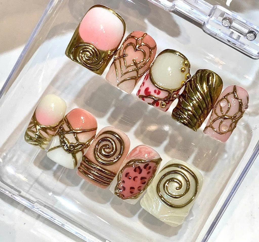 Chocolate Swirl Press On Nails | Coquette Heart Gold Chrome Fake Nails
