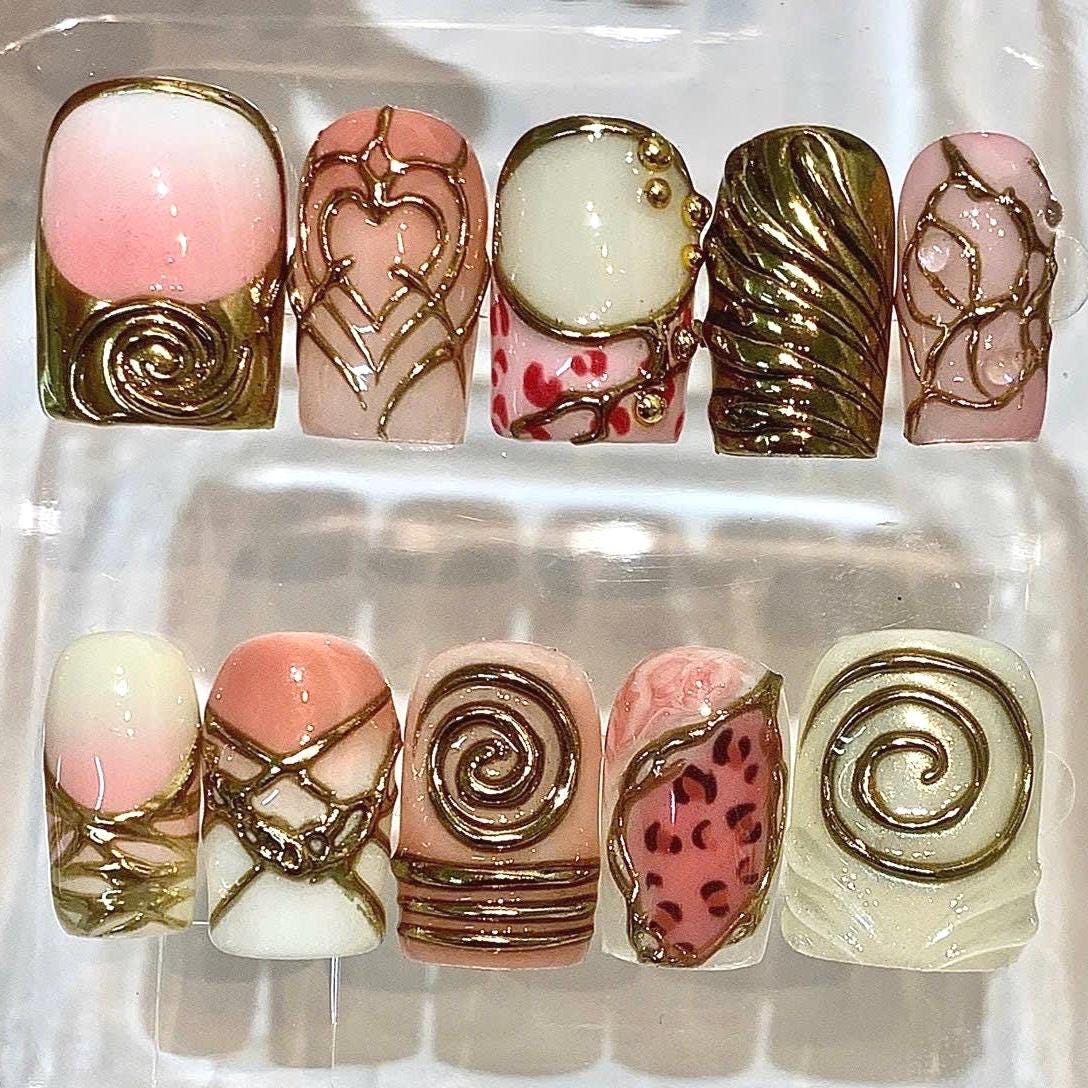 Chocolate Swirl Press On Nails | Coquette Heart Gold Chrome Fake Nails