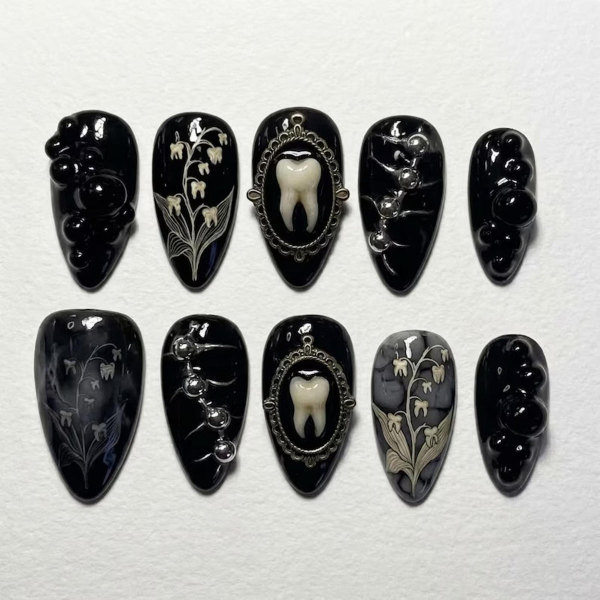 3D Macabre Tooth Press On Nails | Dark Gothic Horror Vibe | Edgy Black Almond Nails | Lily Of The Valley Nail | Textured 3D Charm Art Nail