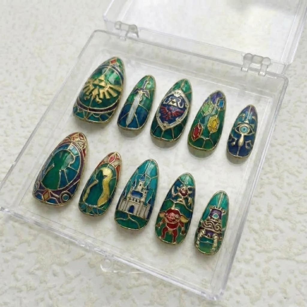 Fantasy Gamer Press On Nails | Legend Of Zelda Vibe | Classic Stained Almond Nails | Castle Rupee Motif Nail | Gold Border Glass Art Nail
