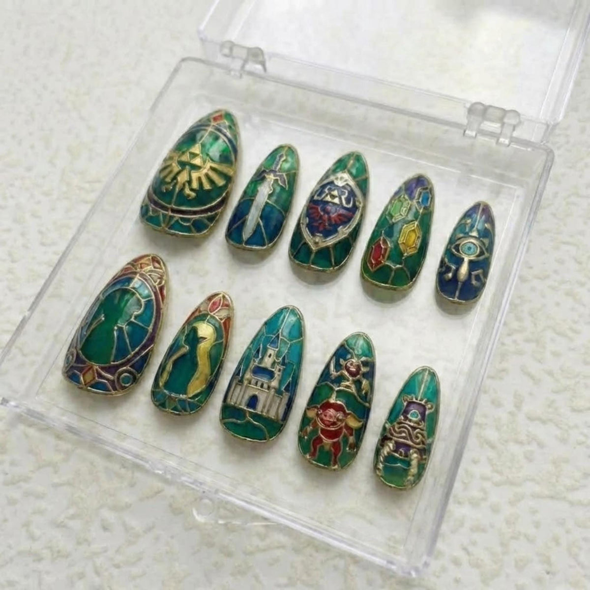 Fantasy Gamer Press On Nails | Legend Of Zelda Vibe | Classic Stained Almond Nails | Castle Rupee Motif Nail | Gold Border Glass Art Nail