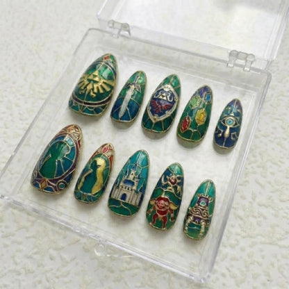 Fantasy Gamer Press On Nails | Legend Of Zelda Vibe | Classic Stained Almond Nails | Castle Rupee Motif Nail | Gold Border Glass Art Nail