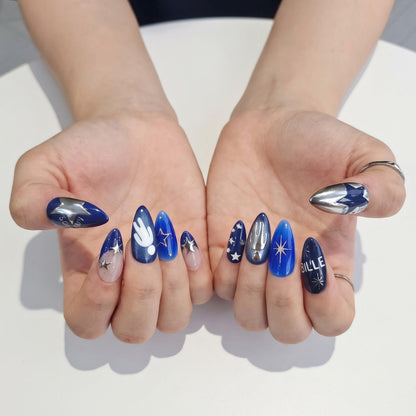 Electric Blue Press On Nails with Chrome Star, Dark Pop Concert Fake Nails in Almond Shape, Handmade Metallic Nail Art for Festival JB474UC