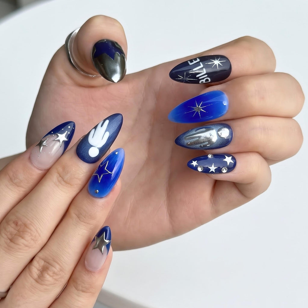 Electric Blue Press On Nails with Chrome Star, Dark Pop Concert Fake Nails in Almond Shape, Handmade Metallic Nail Art for Festival JB474UC