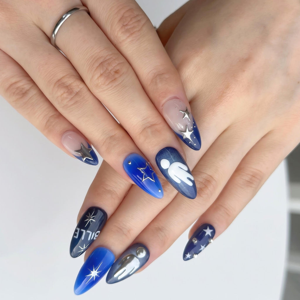 Electric Blue Press On Nails with Chrome Star, Dark Pop Concert Fake Nails in Almond Shape, Handmade Metallic Nail Art for Festival JB474UC