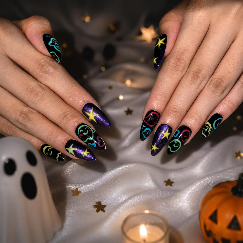 Halloween Press On Nails with Colorful Ghost Art | Purple Galaxy Star Stiletto Nails | Spooky Cute Fake Nails for Halloween Party , JB487WG