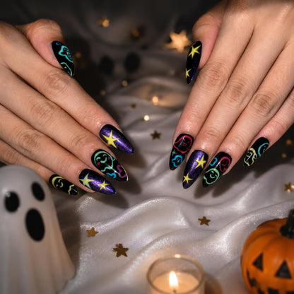 Halloween Press On Nails with Colorful Ghost Art | Purple Galaxy Star Stiletto Nails | Spooky Cute Fake Nails for Halloween Party , JB487WG