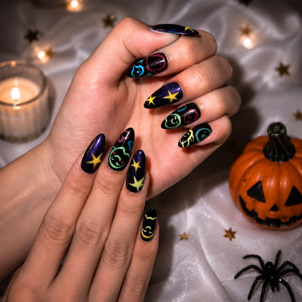 Halloween Press On Nails with Colorful Ghost Art | Purple Galaxy Star Stiletto Nails | Spooky Cute Fake Nails for Halloween Party , JB487WG