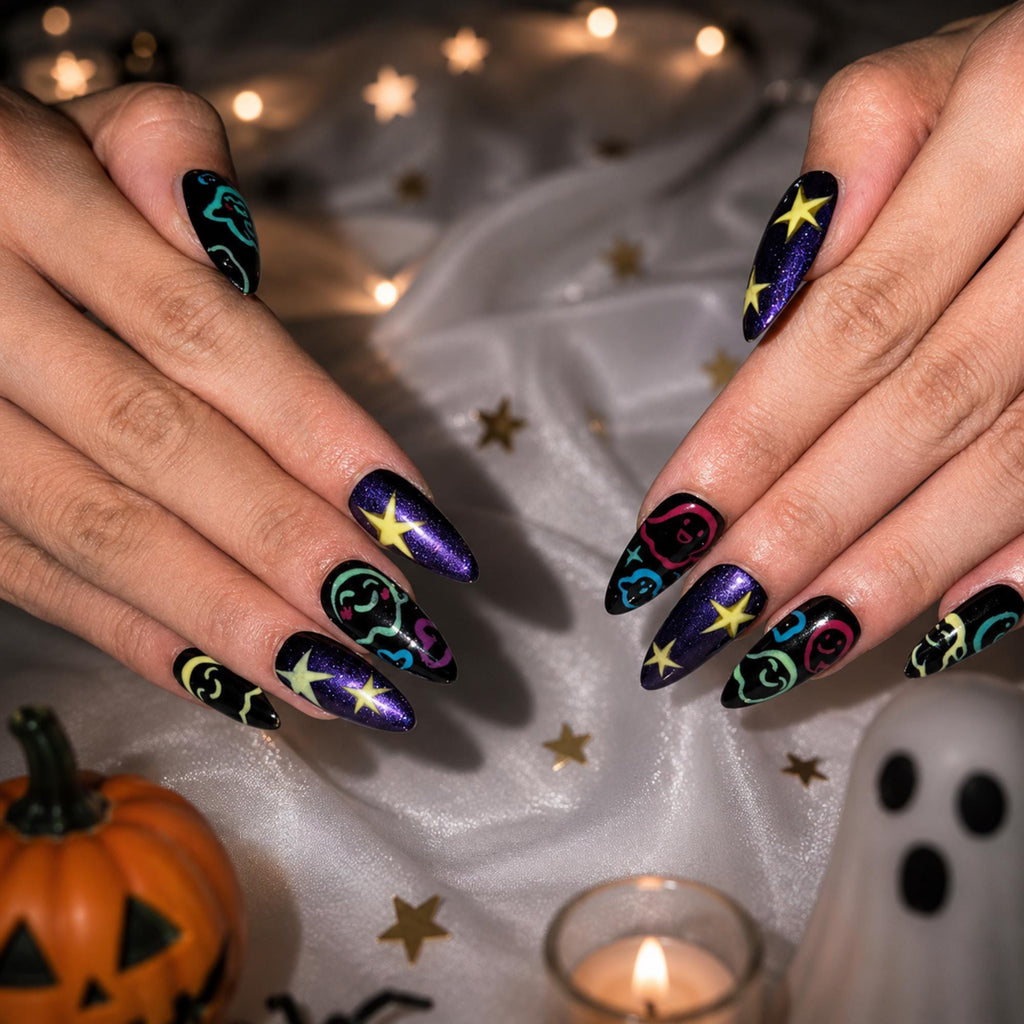 Halloween Press On Nails with Colorful Ghost Art | Purple Galaxy Star Stiletto Nails | Spooky Cute Fake Nails for Halloween Party , JB487WG