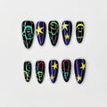 Halloween Press On Nails with Colorful Ghost Art | Purple Galaxy Star Stiletto Nails | Spooky Cute Fake Nails for Halloween Party , JB487WG