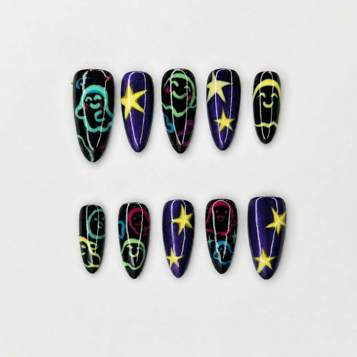 Halloween Press On Nails with Colorful Ghost Art | Purple Galaxy Star Stiletto Nails | Spooky Cute Fake Nails for Halloween Party , JB487WG