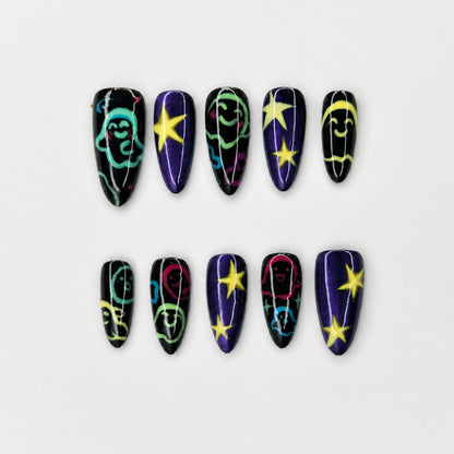 Halloween Press On Nails with Colorful Ghost Art | Purple Galaxy Star Stiletto Nails | Spooky Cute Fake Nails for Halloween Party , JB487WG