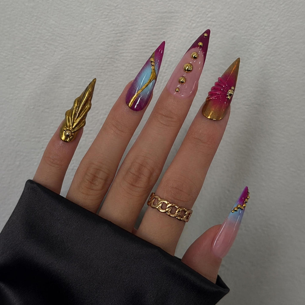 Luxury Press On Nails with Gold Jewelry Charms | Burgundy 3D Long Stiletto Nails | Elegant Chrome Nail Art for Fall, Party |JB546UC