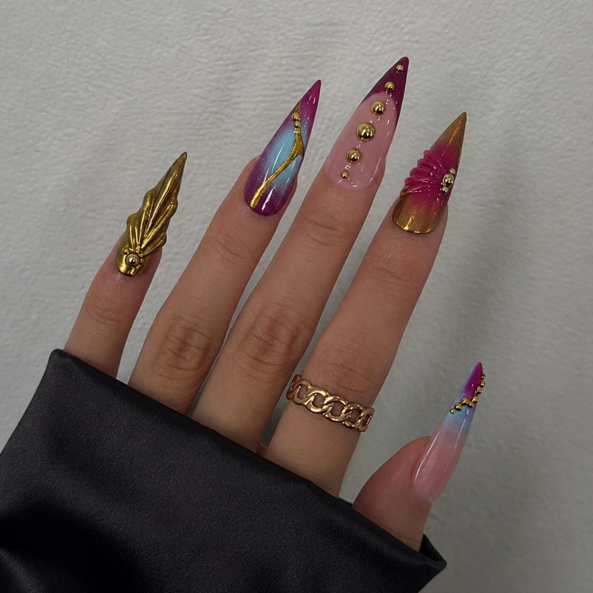 Luxury Press On Nails with Gold Jewelry Charms | Burgundy 3D Long Stiletto Nails | Elegant Chrome Nail Art for Fall, Party |JB546UC