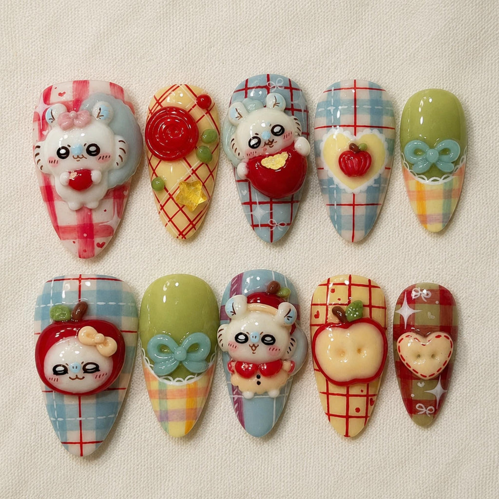 3D Kawaii Bunny Press On Nails, Cute Apple Plaid Fall Nail Set