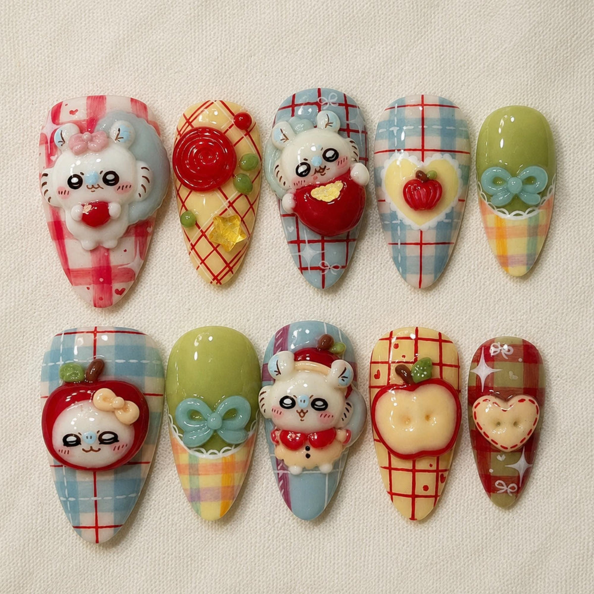 3D Kawaii Bunny Press On Nails, Cute Apple Plaid Fall Nail Set