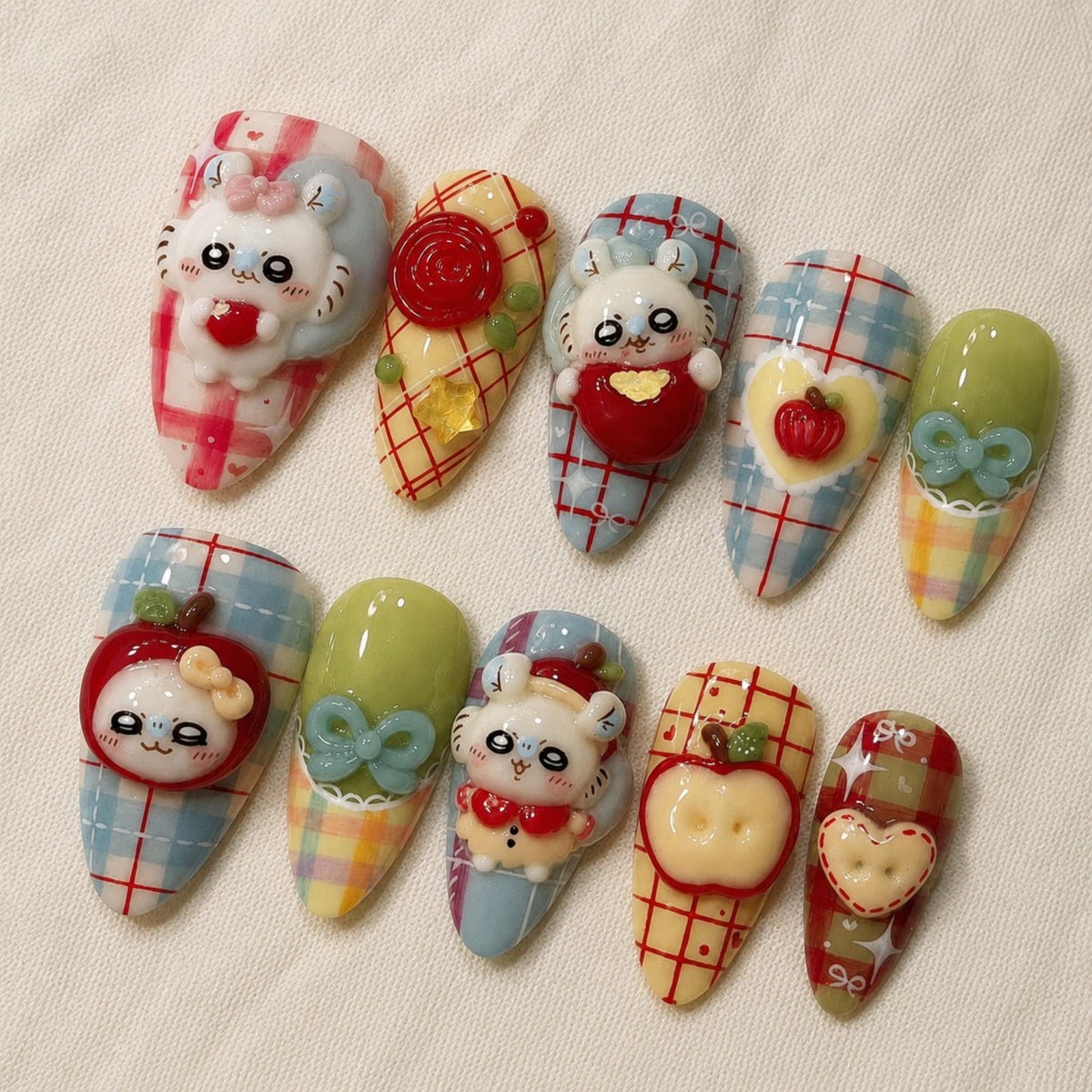 3D Kawaii Bunny Press On Nails, Cute Apple Plaid Fall Nail Set