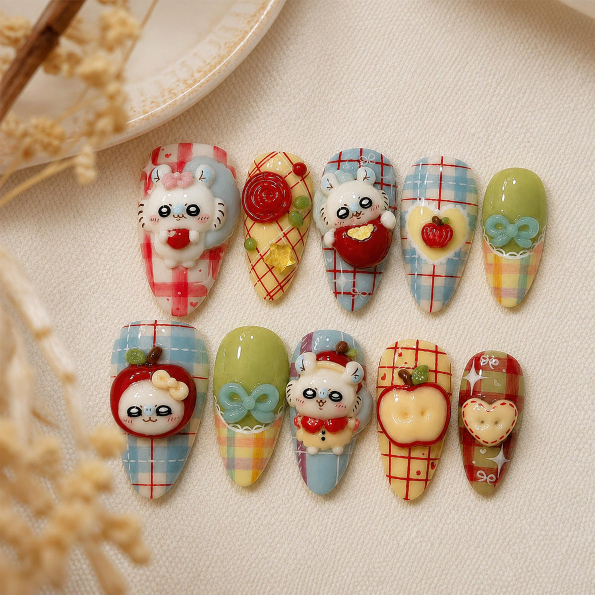 3D Kawaii Bunny Press On Nails, Cute Apple Plaid Fall Nail Set