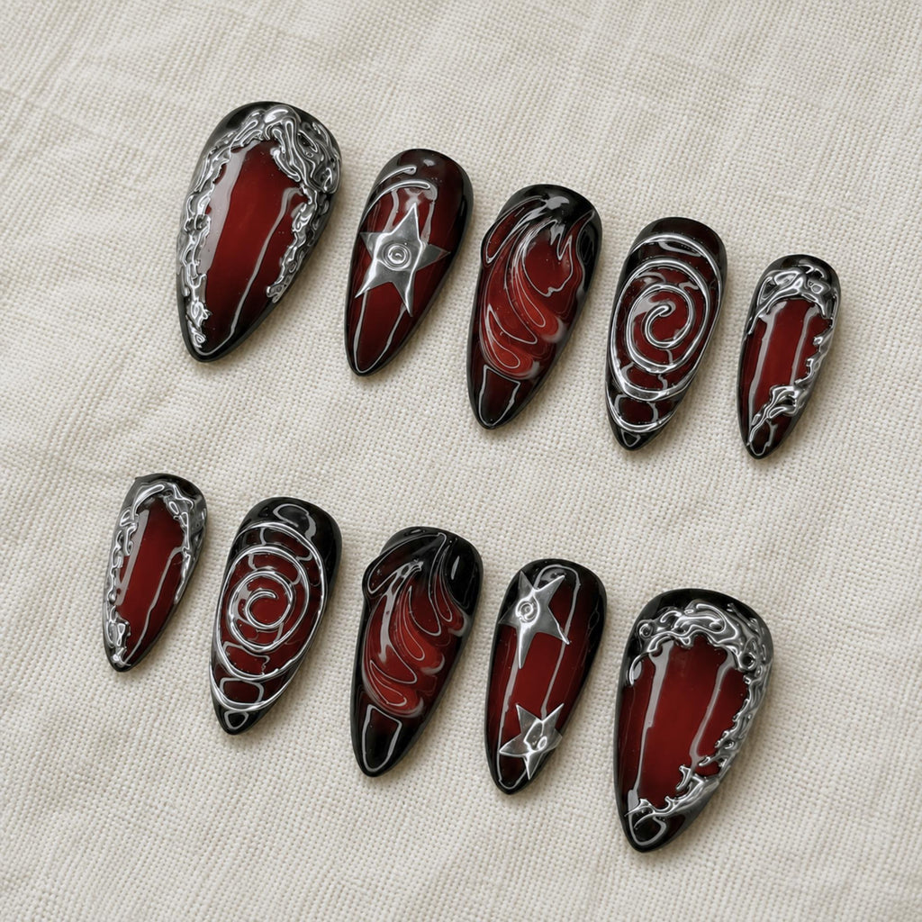 Dark Red Press On Nails, Silver Chrome Gothic Aura Nails, Y2K Abstract Nail Set