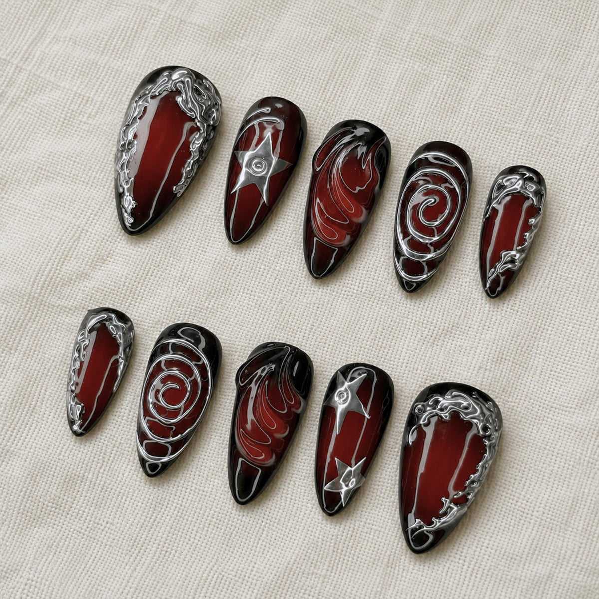 Dark Red Press On Nails, Silver Chrome Gothic Aura Nails, Y2K Abstract Nail Set