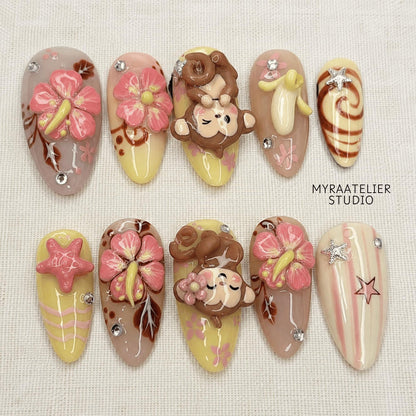 3D Monkey Kawaii Press On Nails, Pink Hibiscus Tropical Holiday Nails