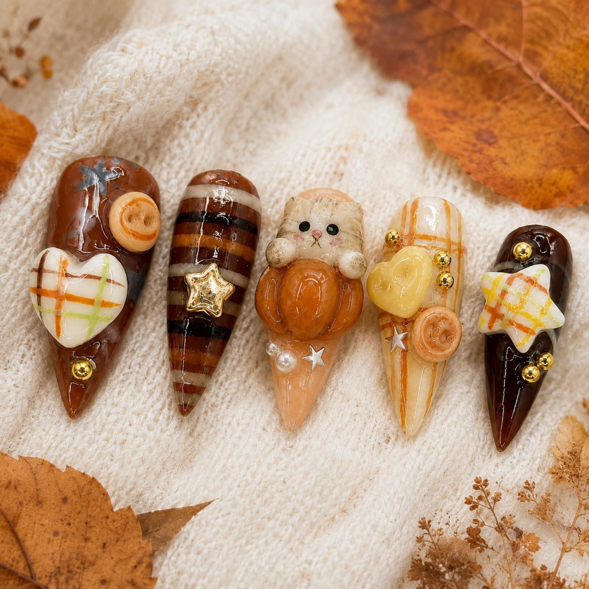 Kawaii Autumn Press On Nails, Brown Cozy Fall Nail Set, 3D Pumpkin Cat Plaid Nails