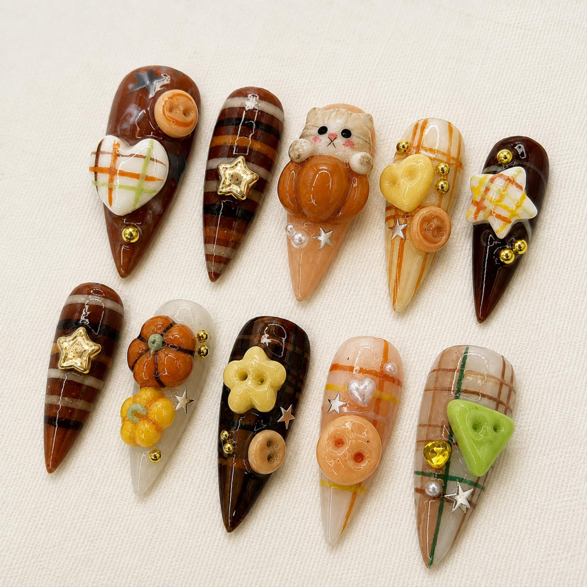 Kawaii Autumn Press On Nails, Brown Cozy Fall Nail Set, 3D Pumpkin Cat Plaid Nails