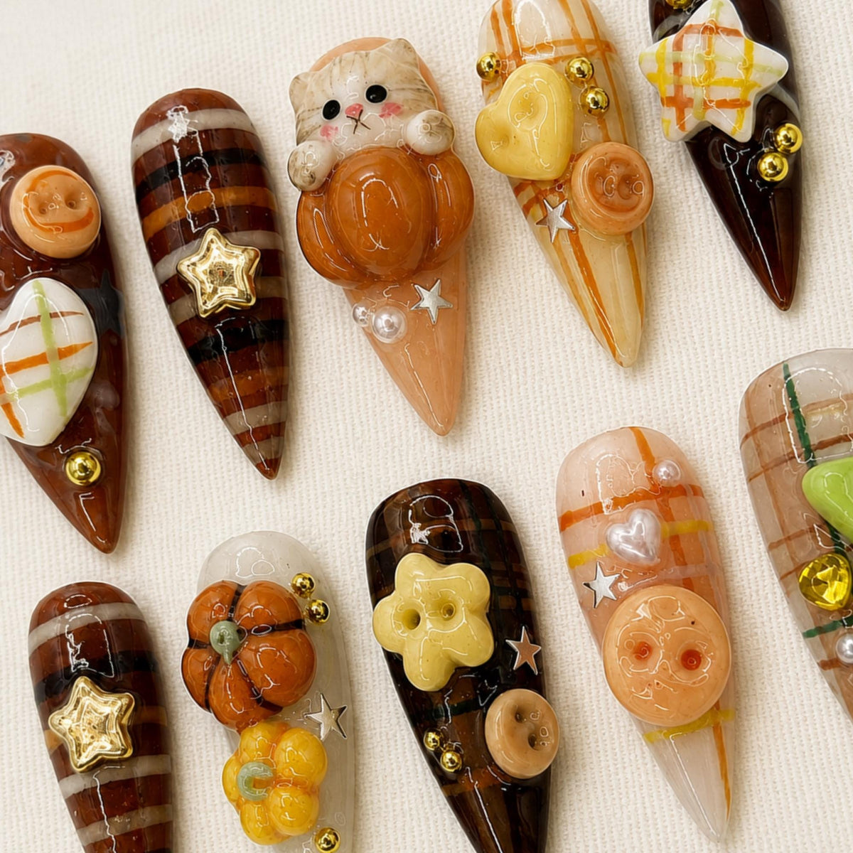 Kawaii Autumn Press On Nails, Brown Cozy Fall Nail Set, 3D Pumpkin Cat Plaid Nails