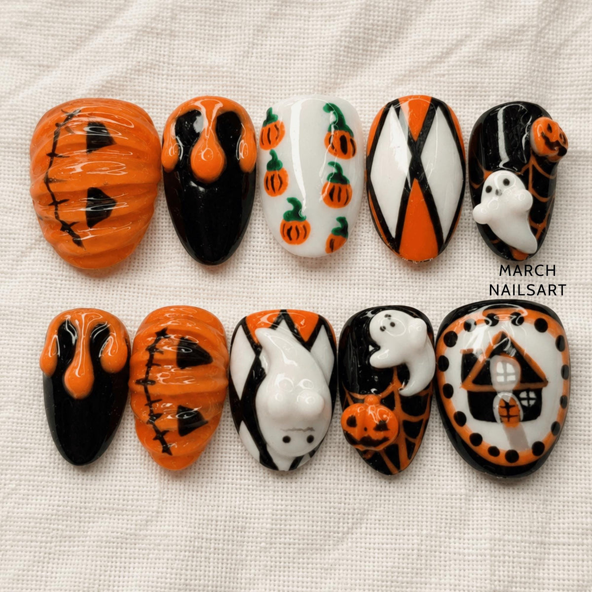 Spooky Halloween Press On Nails, 3D Pumpkin Ghost Nail Set, Handmade Haunted House Designs