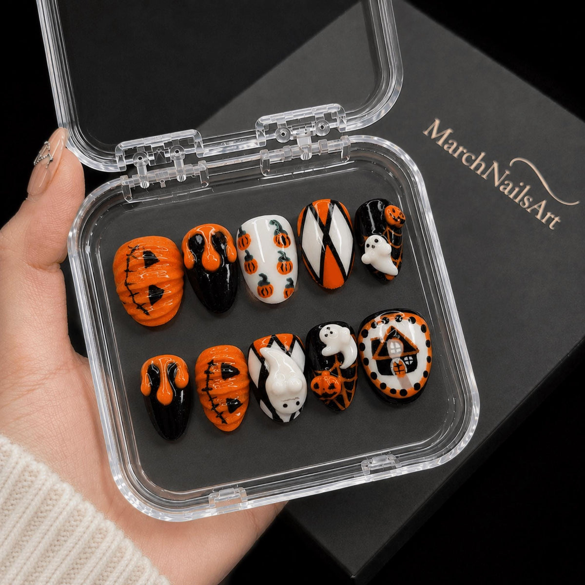 Spooky Halloween Press On Nails, 3D Pumpkin Ghost Nail Set, Handmade Haunted House Designs