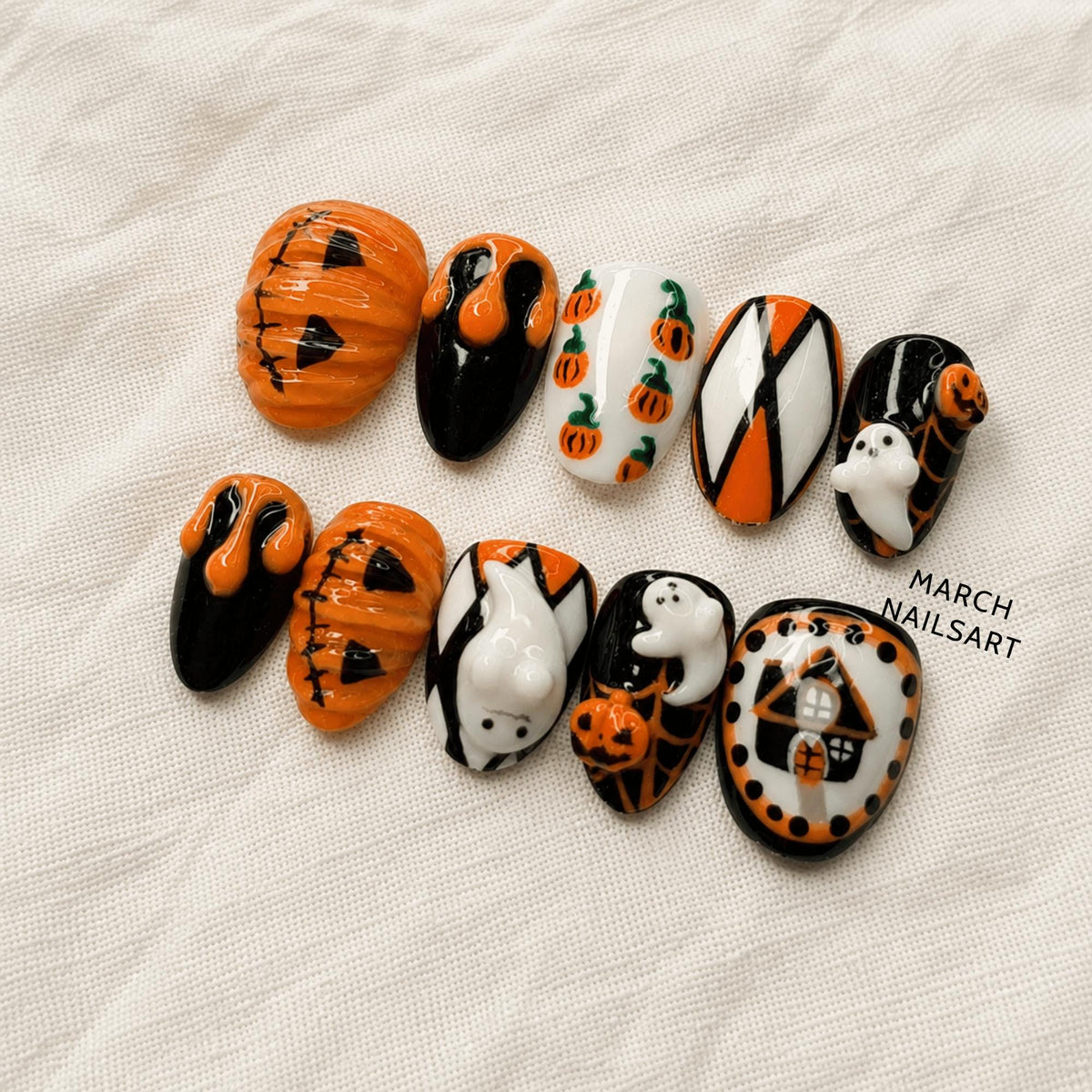 Spooky Halloween Press On Nails, 3D Pumpkin Ghost Nail Set, Handmade Haunted House Designs