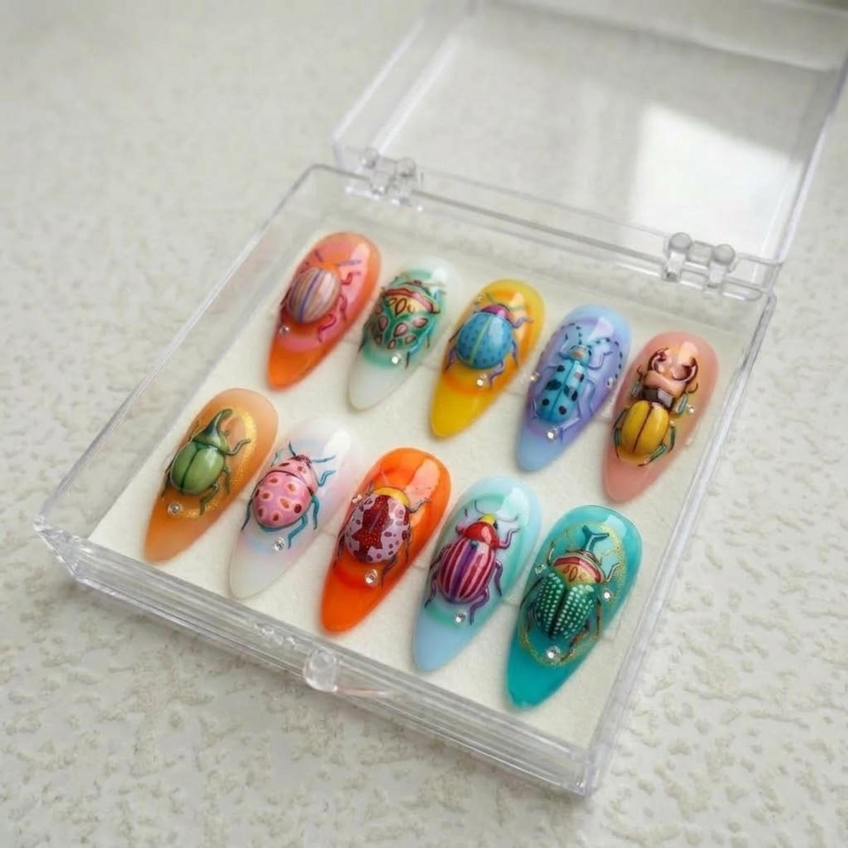 3D Beetle Press On Nails | Quirky Summer Nature Vibe | Bright Aura Almond Nails | Colorful Insect Nail | 3D Sculpted Gel Art Nail
