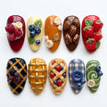 3D Bakery Press On Nails | Warm Fall Harvest Aesthetic | Trendy Sweet Almond Nails | Plaid Berry Button Motif Nail | Textured Embossed Nail