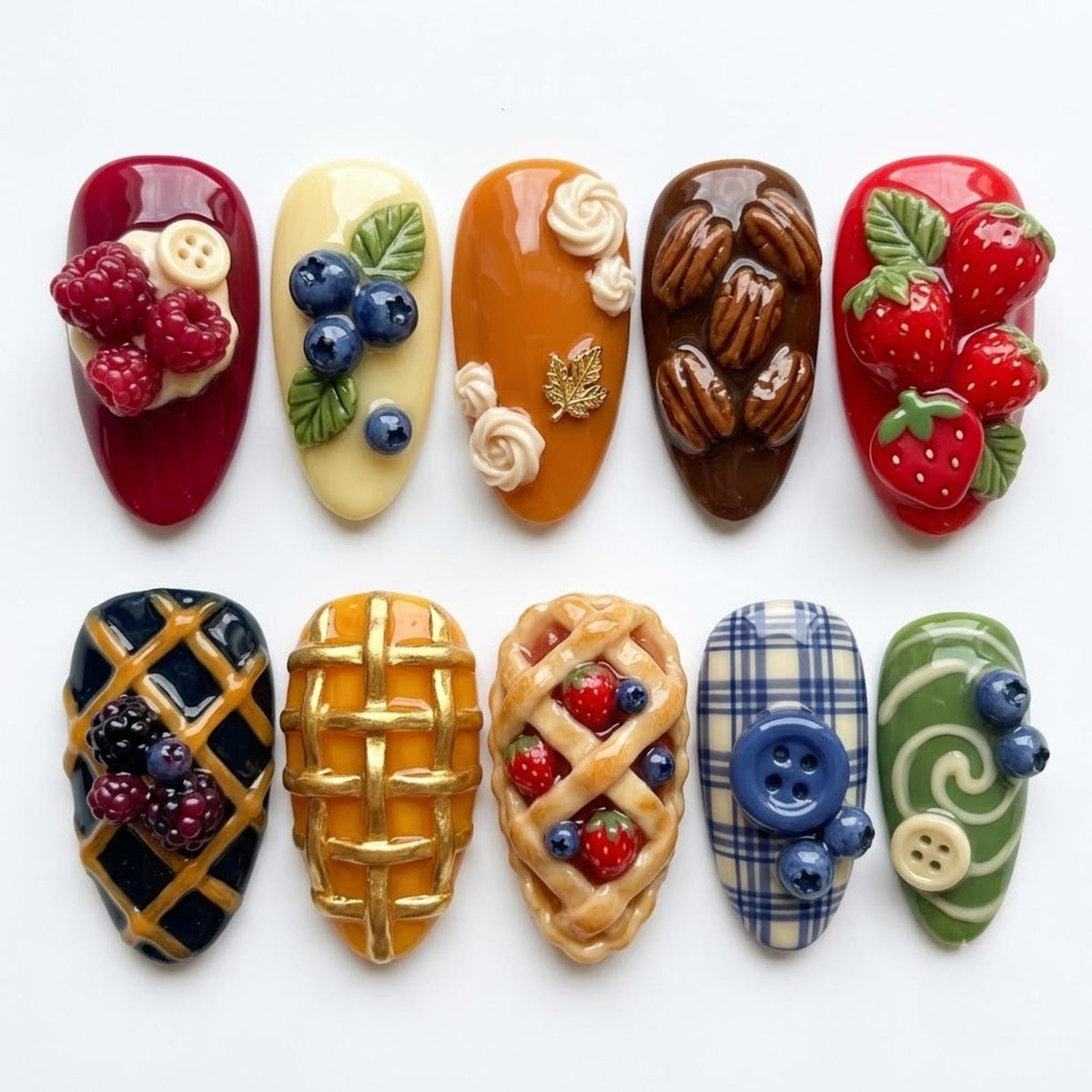 3D Bakery Press On Nails | Warm Fall Harvest Aesthetic | Trendy Sweet Almond Nails | Plaid Berry Button Motif Nail | Textured Embossed Nail
