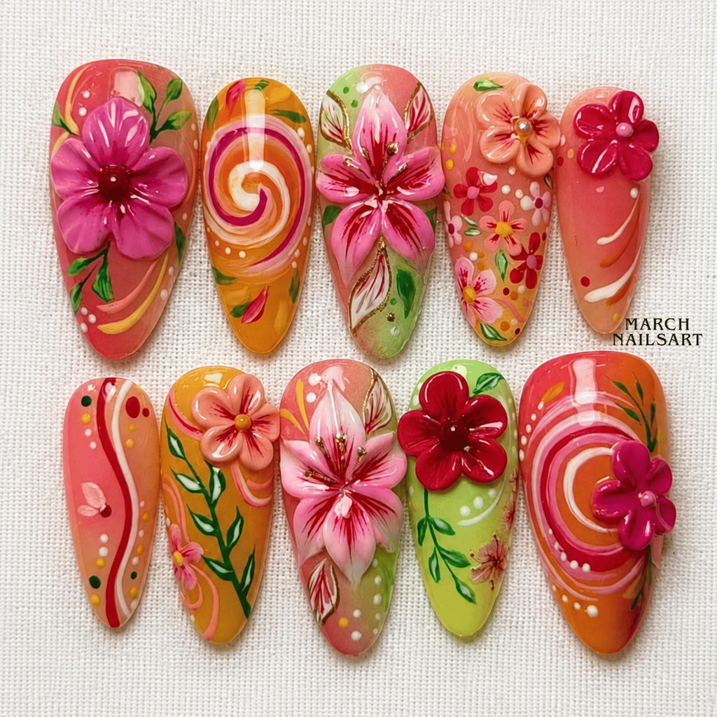 3D Floral Press On Nails, Pink Garden Flower Nails, Handmade Gel Nail Set